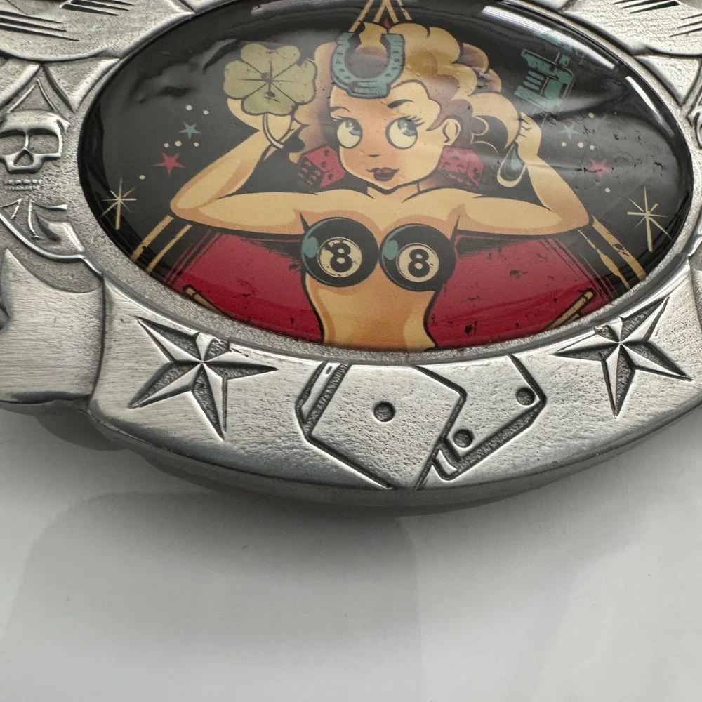 D. Vicente Pin Up Girl Lucky Horseshoe Dice 8 Ball Belt‎ Buckle Made in Mexico